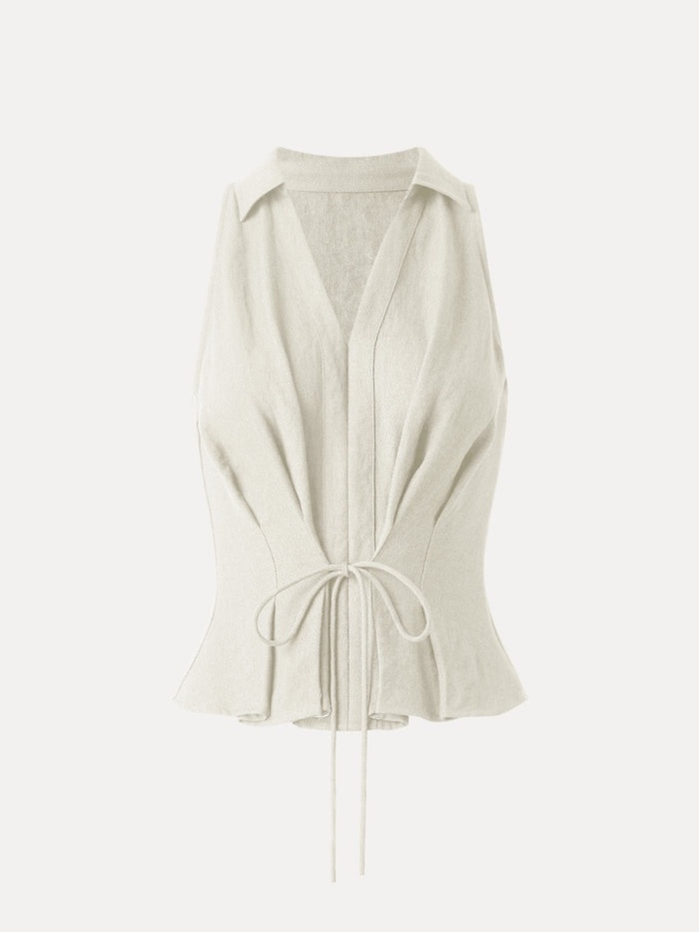 OGL Collared V-neck Pleated Sleeveless Top with Drawstring in Off White. NWT